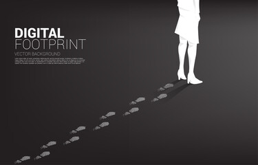 Businesswoman with Footprint from digital dot pixel. business concept of digital transformation and digital footprint.