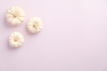 Fototapeta na wymiar Autumn composition. White pumpkins on pastel pink background. Autumn fall, harvest or halloween concept. Flat lay, top view, copy space