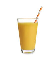 Tasty orange juice in glass isolated on white