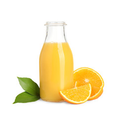 Fototapeta na wymiar Tasty orange juice in glass bottle, fresh fruit and green leaves isolated on white