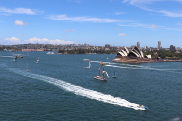 Sydney opera house skyline view with boats