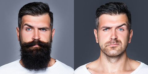 Bearded man with beard and mustache in barbershop. Shaved vs unshaven Barber hair salon.