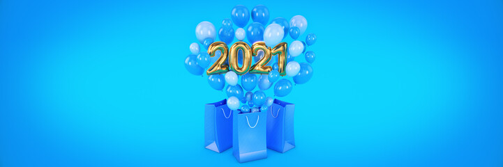 Naklejka premium bag and balloons, numbers for Happy New Year 2021. 3d rendering