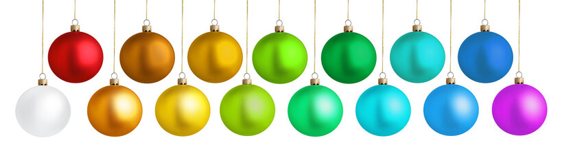 Set of bright Christmas balls on white background. Banner design