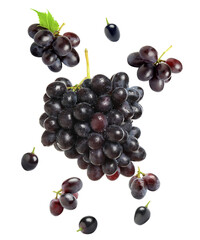Fresh ripe grapes falling on white background
