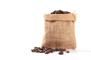 Coffee beans in burlap sack on white background.