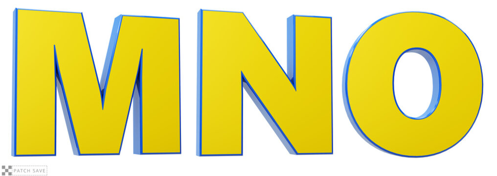 Font story, letters M, N, O, 3d render glosy yellow and blue. Path save.