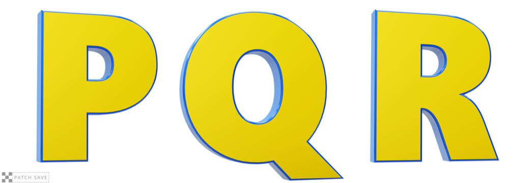 Font story, letters P, Q, R, 3d render glosy yellow and blue. Path save.