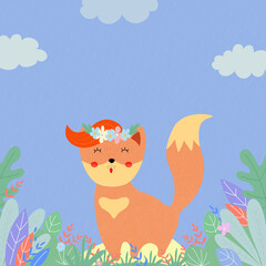 Cute happy fox in flower wreath on green field