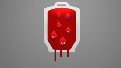 Red blood donation bag and its blood group symbol (3D Rendering)