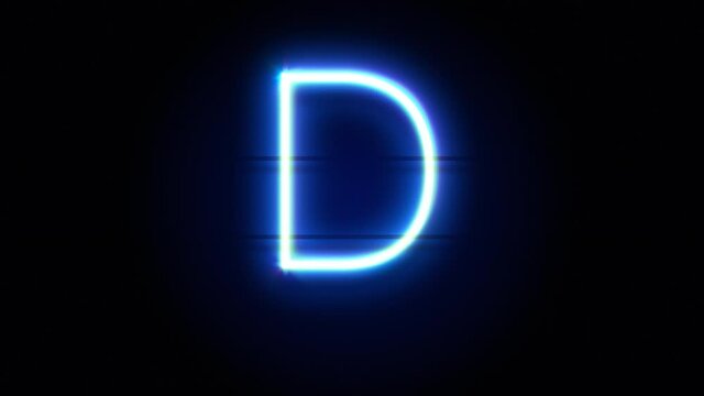 Neon font letter D uppercase appear in center and disappear after some time. Animated blue neon alphabet symbol on black background. Looped animation.