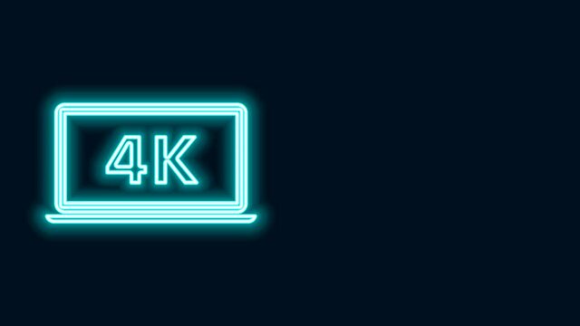 Glowing neon line Laptop screen with 4k video technology icon isolated on black background. 4K Video motion graphic animation