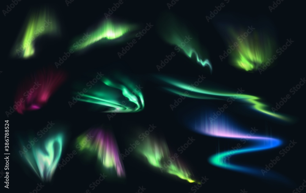 Wall mural aurora northern, polar and southern lights realistic vector on night sky background. aurora polaris,