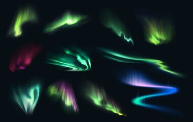 Aurora northern, polar and southern lights realistic vector on night sky background. Aurora polaris, borealis and australis with green, blue, pink and purple neon lights, shining rays and swirls - obrazy, fototapety, plakaty
