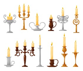 Candlestick with burning candle cartoon vector icons. Candle holder and vintage candelabra with melted wax and fire flame isolated symbols of Christmas and Halloween holiday celebration design