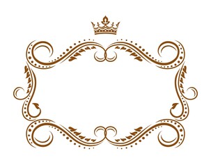 Royal frame with crown, medieval vector embellishment border with flourishes ornament. Elegant vintage template for wedding invitation, decoration in heralding style isolated on white background © Buch&Bee