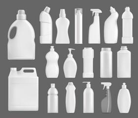 Household chemicals vector bottles, detergent blank packages mockup. White realistic plastic tubes with handle, pump, sprayer for liquid soap, stain remover, laundry bleach or cleaner isolated 3d set
