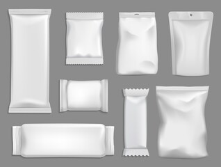 Snack packages vector mockup, sachet or pouch bags isolated 3d template. Foil, plastic or paper white rectangular packs. Blank packages for food, chocolate bar or chips packaging realistic mock up set