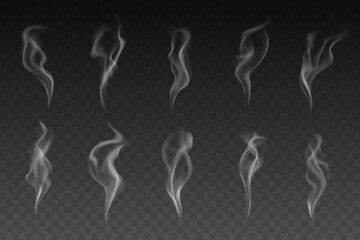 Smoke or steam isolated vector set. White smogs of cigarette, vapor waves or hot food or drink on transparent background. Magic haze or vapour texture, smoke of hookah, Realistic 3d mockup, elements