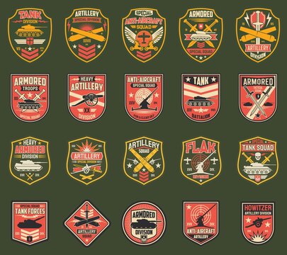 USA military chevrons vector icons, stripes for tank division, artillery and anti-aircraft special squad, armored troops, flak and howitzer. Isolated US army insignia with tanks, cannons or swords set