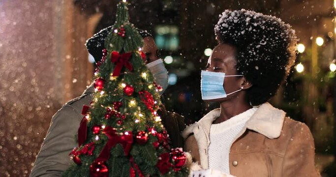 Portrait Of African American Happy Family In Masks Standing Outdoor And Talking While Snowing. Joyful Man With Beautiful Woman On Street With Little New Year Tree. Close Up. Christmas Holiday Concept