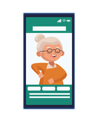 cute old woman dancing character in smartphone