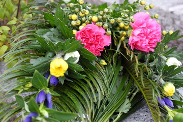 Naklejka na ściany i meble Flowers and bouquets for visiting the grave. A seasonal event in Japan called Obon and Higan.
