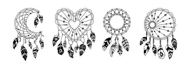 Boho dreamcatcher with feathers black glyph set. Ethnic design, boho chic. Silhouette bird feathers, talisman sweet dream hand drawn. Native American indian design. Ethnic bohemian vector
