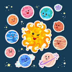 Fashion patch planets around sun. Space with cute emoticons kawaii, cartoon faces. Cartoon solar system names. Astronomical observatory. Vector sun moon mercury venus earth mars jupiter saturn neptun © neliakott