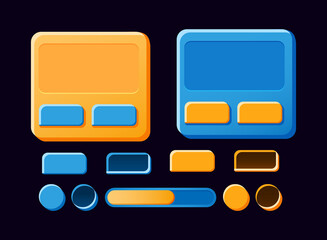 Set of funny gui board, pop up, buttons for game ui asset elements vector illustration