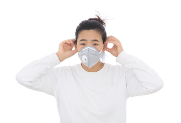 The lady demonstrates the correct way to wear a mask