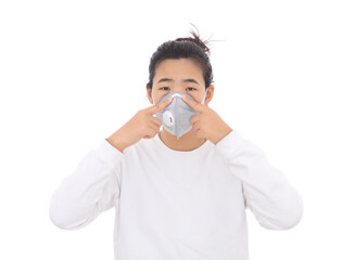 The lady demonstrates the correct way to wear a mask