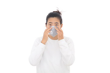 The lady demonstrates the correct way to wear a mask