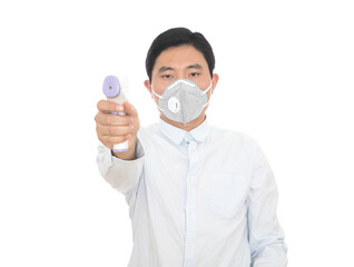 Men wearing masks holding infrared thermometers