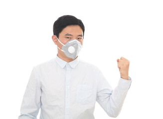 Man wearing a mask makes a gesture of hard work