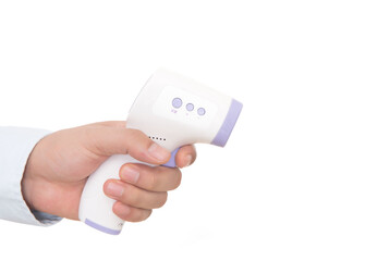 Shooting hands holding infrared thermometer in front of white background