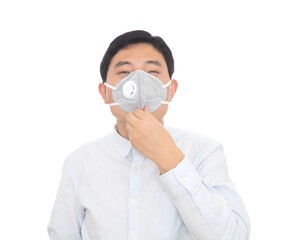 Man wearing N95 mask in front of white background
