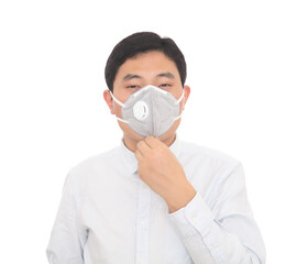 Man wearing N95 mask in front of white background