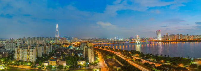 twilight of Seoul city South Korea. best view at Han River and bridge