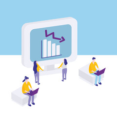 business people with laptop and computer diagram planning