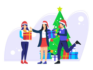 Christmas tree to welcome Christmas in winter. The work team celebrates the Christmas holidays together. Vector illustration of a business team.