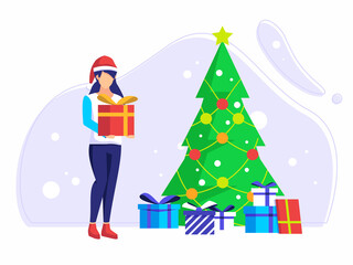 Christmas new year decorative tree in winter. Distribute gift boxes, gifts to celebrate the Christmas holidays. vector illustration.