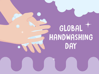 global handwashing day, washing hands with foam purple background