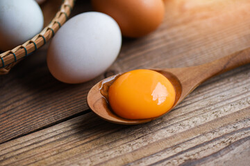 Fresh egg yolk on wooden spoon with chicken eggs and duck eggs collect from farm products natural in a basket healthy eating concept /