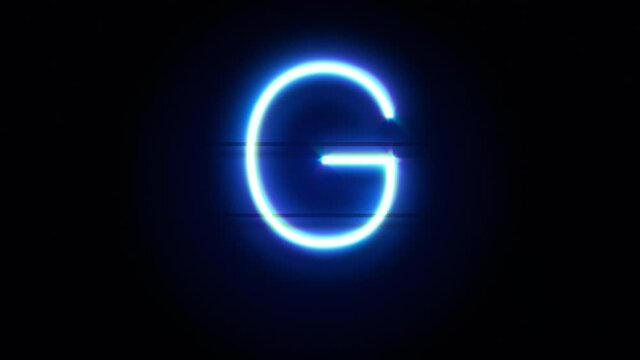 Neon font letter G uppercase appear in center and disappear after some time. Animated blue neon alphabet symbol on black background. Looped animation.
