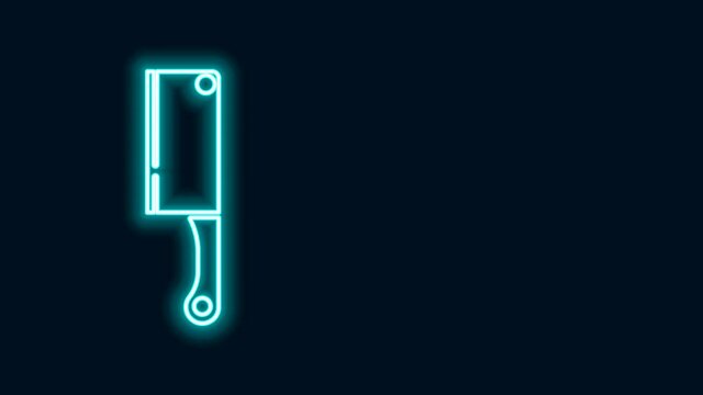 Glowing neon line Meat chopper icon isolated on black background. Kitchen knife for meat. Butcher knife. 4K Video motion graphic animation