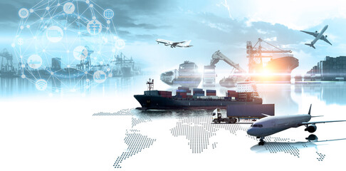 Global business of Container Cargo freight train for Business logistics concept, Air cargo...