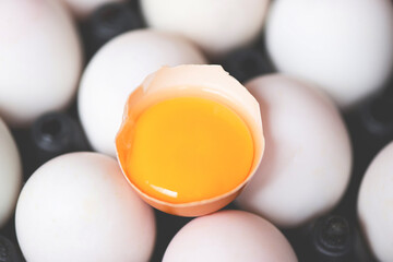 Fresh broken egg yolk - Chicken eggs and duck eggs collect from farm products natural in box...