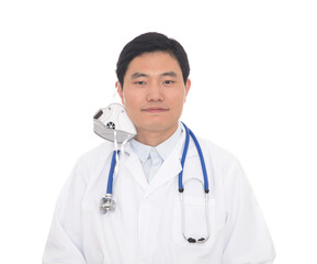 Fototapeta premium Smiling male doctor taking off his mask