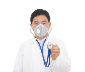 Male doctor holding stethoscope in hand wearing mask